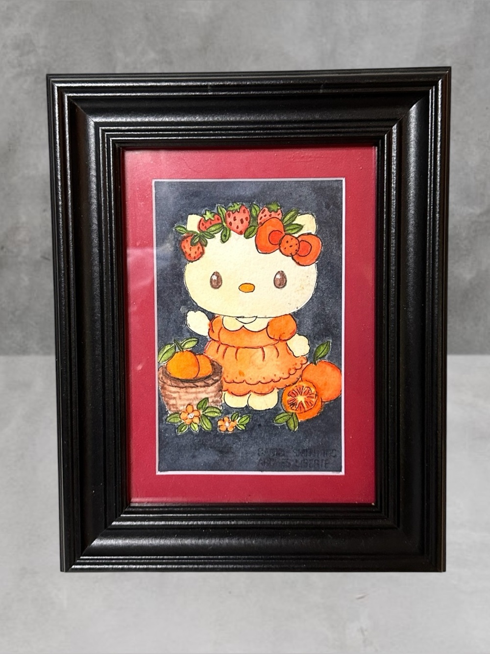 FRAMED ORIGINAL WATERCOLOR HELLO KITTY ORANGE